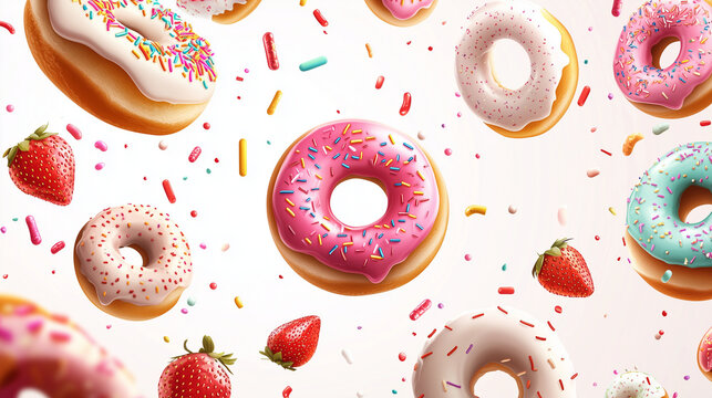 National Donut Day themed illustration banner, featuring various types of mouth-watering donuts with colorful toppings such as chocolate, strawberry, and caramel