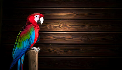Scarlet Macaw's Perch: A vibrant scarlet macaw, resplendent with its striking red plumage and vibrant colors, sits regally upon a weathered wooden perch.