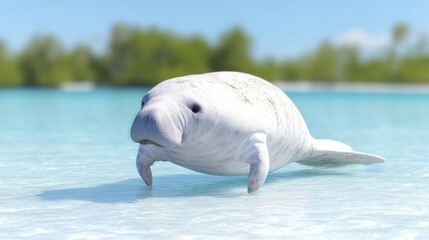 Fototapeta premium Gentle sea cow in shallow water. Coastal habitat