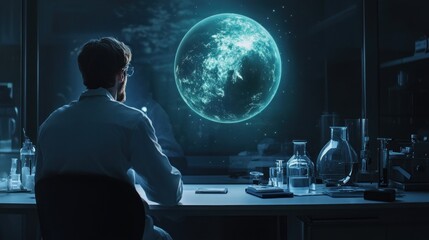 A scientist observing a floating holographic planet in a dark laboratory --ar 16:9 --v 6.1 Job ID: 9331ce60-6ea3-45dd-8c76-1fe82fbb1322