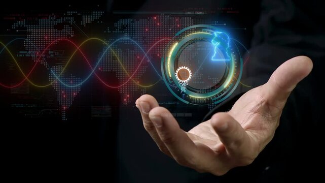 Strategic Planning concept is a process where organizations define their future vision, goals, and objectives, and outline how to achieve them. Strategy implementation icon on virtual screen.