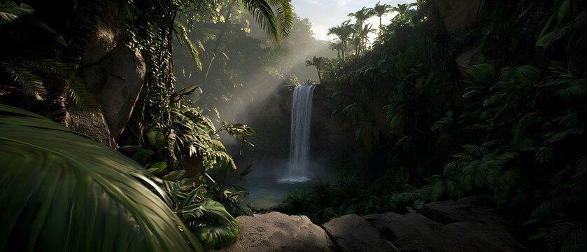 Lush Waterfall Cascading Through Tropical Jungle