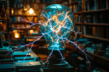 Giant glowing bulb with electric sparks in an intellectual library space