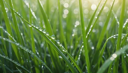 Close up of green grass blades covered in water droplets in sunlight