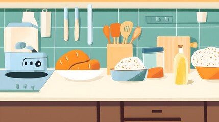 A flat lay of baking ingredients on a kitchen counter