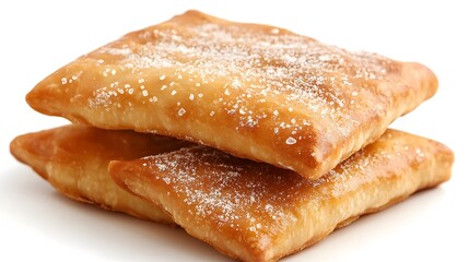 Two golden-brown, crispy fried pastries dusted with powdered sugar are stacked on a white background.