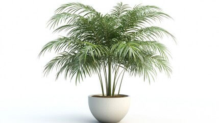 Indoor palm plant in white pot. Lush green foliage