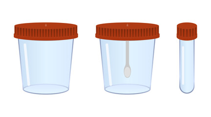 Medical test containers and test tube with red caps and spoon