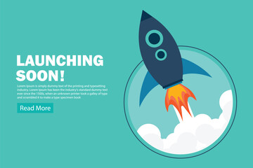 Launching soon flat style rocket in space sign web template