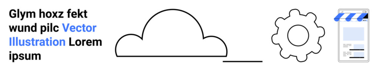 Cloud with line, gear icon, and file elements represent data storage, settings, and multimedia management. Ideal for technology, data sharing, backup, digital tools cloud integration app services