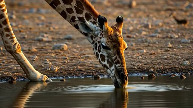 Giraffe bending down to drink water in a pool on a sunny day in its natural habitat spot pattern 100