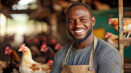 養鶏場で働く明るい笑顔の黒人男性