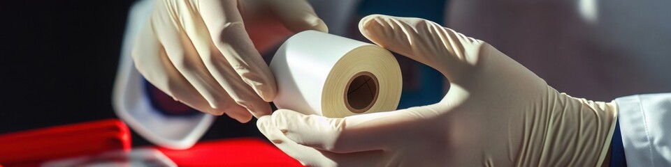 Gloved hands carefully hold a roll of pristine white thermal paper soft light illuminates the scene