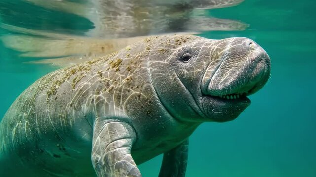 Close up of a manatee swimming underwater in clear turquoise water with sunlight reflections