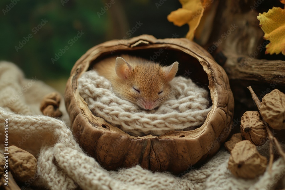 Aufkleber cute mouse rests peacefully in walnut shell bed surrounded by cozy blanket in a whimsical fairy tale