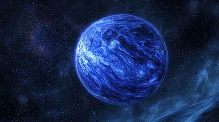 Hypnotic azure planet in cosmic canvas, otherworldly sphere in starfield