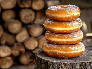 Glazed donuts stacked on wooden stump