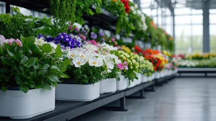 Vibrant flower arrangements in white pots natural light commercial setting