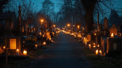 Illuminated graveyard pathway with candlelight illuminating a solemn atmosphere