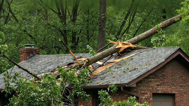 Fallen tree on roof causing damage to shingles and structure of a residential brick home after storm
