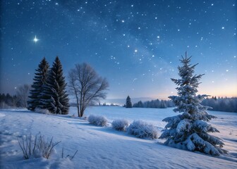 A serene winter night under a starlit sky, snow-covered evergreens stand silhouetted against a vast, peaceful landscape of pristine white.