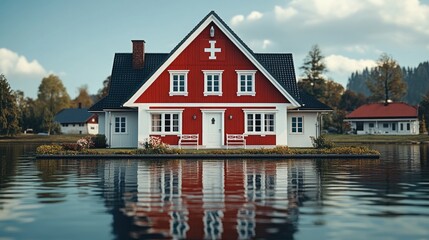 Red house reflects in water. White trim contrasts against blue sky. Trees visible in background