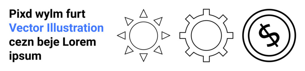 Sun, gear, and dollar sign in clean line art. Ideal for energy, strategy, finance, productivity, technology success and sustainability. Abstract line flat metaphor