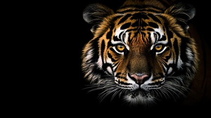 Fototapeta premium Majestic tiger staring intently jungle habitat wildlife photography dark background close-up view animal behavior