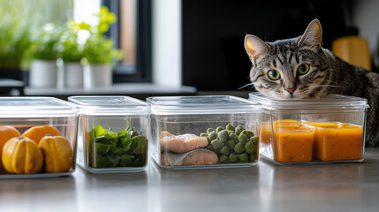 Curious tabby cat inspecting meal prep containers with fresh vegetables, fish, and pumpkin in modern kitchen