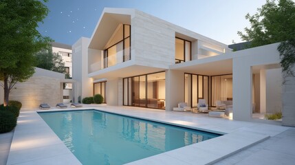 Modern architectural design of a luxury villa with swimming pool and serene outdoor space in a contemporary setting