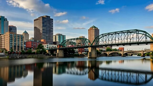 Cityscape view of grand rapids michigan with bridges and buildings under a cloudy blue sky day