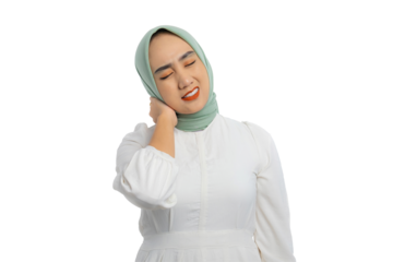 Tired young Asian woman in green hijab and white blouse touching her neck with pain expression isolated on transparent background