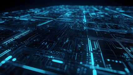 Glowing technology background featuring a digital landscape of light beams and futuristic patterns in a dark space