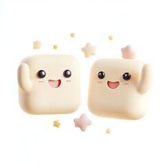 Fototapeta premium Adorable 3D Render of Two Happy Square Characters Waving, Surrounded by Stars A Cute and Playful Scene of Friendship