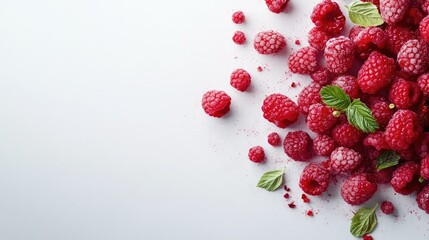 Close-up pile of organic raspberries, plump and fresh, laid out on white backdrop for food styling