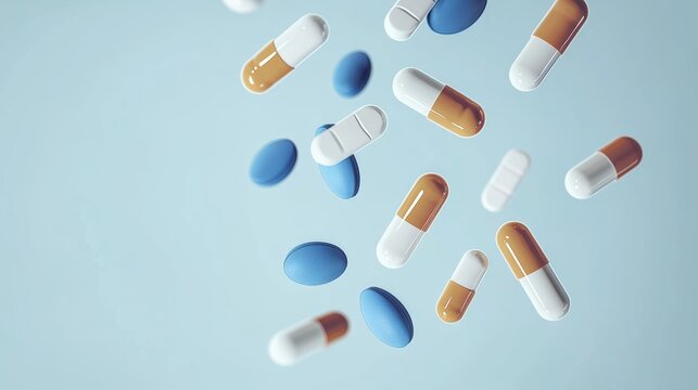 Pills and capsules falling pharmacy medical imagery studio aerial view pharmaceutical concepts