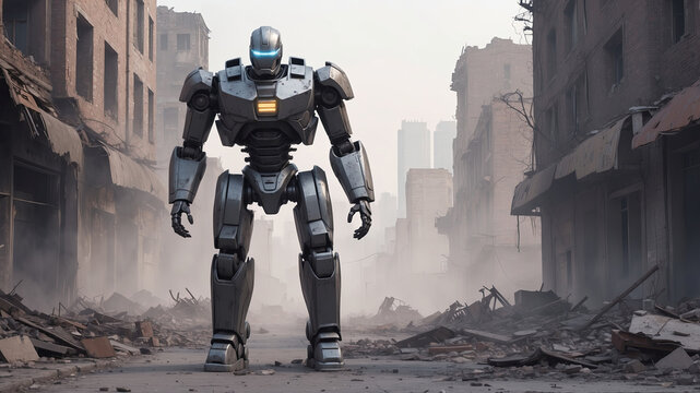 A towering robot stands defiantly in a destroyed cityscape, a symbol of resilience and power.