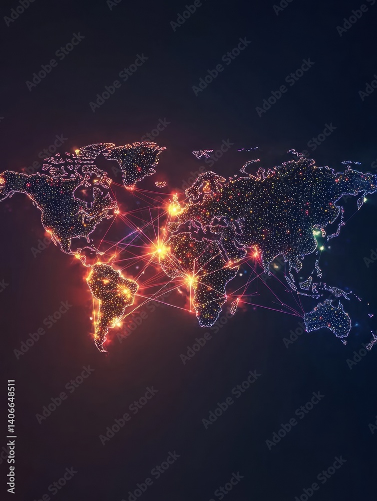 Aufkleber stylized world map showcasing glowing connections and dotted geography on a minimal gradient backgro