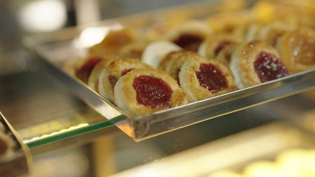 Traditional argentinian pepas pastries filled with quince paste are displayed in a glass case, tempting customers with their sweet aroma and golden crusts