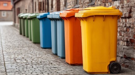 Colorful Trash Bins Lined Up Along Cobblestone Street in Urban Environment with Rustic Brick Building Background