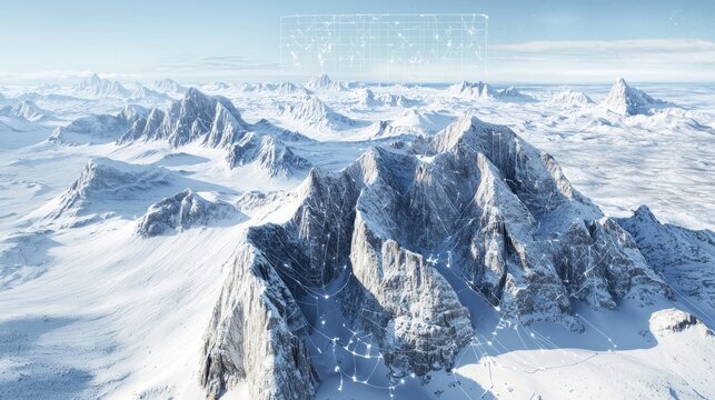 Aerial view of a snow-capped mountain range, with a network of lines overlaid