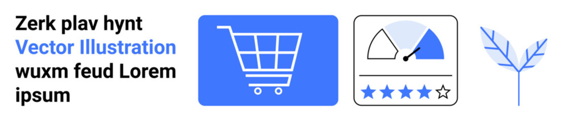 Shopping cart icon, user rating interface with speedometer and stars, blue leaf symbolizing sustainability. Ideal for e-commerce, feedback, eco-friendly branding, analytics, online reviews, customer