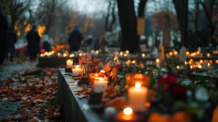 Solemn Remembrance: Candles Illuminate a Cemetery on a Day of Mourning and Reflection