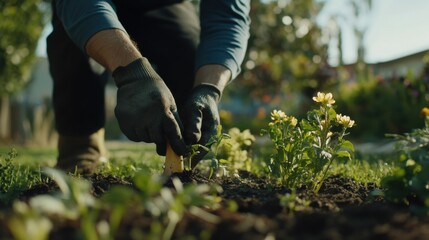 Landscaper planting flowers in a flowerbed near a residential home. Featuring landscaping work