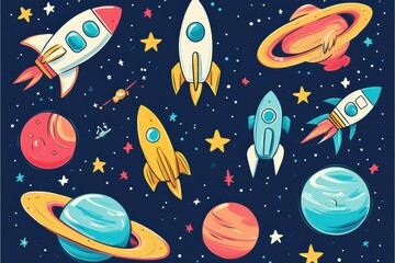 Colorful space-themed sticker pack featuring rockets, planets, UFOs, and constellations on a deep blue galaxy background