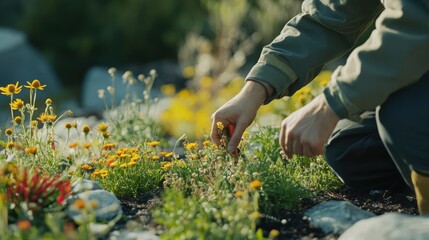 Naklejka premium Landscaper planting flowers in a new garden design. Featuring gardening work