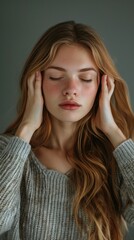Woman with hands on head, studio portrait, serene expression, neutral backdrop