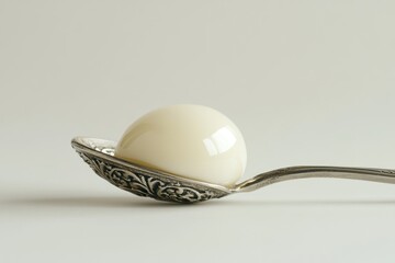 A creamy white sphere rests gently on an ornate silver spoon against a muted background.