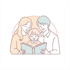 Family with little daughter reading book on sofa in living room vector design illustrations.