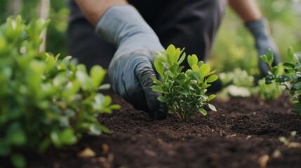 Fototapeta premium Landscaper planting shrubs in a residential garden. Featuring garden planting